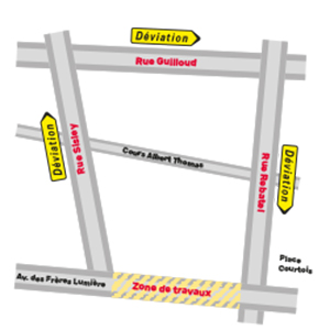 Plan de déviation pendant les travaux : Une déviation est mise en place par les rues Sisley, Guilloud et Rebatel, pour regagner la place Ambroise Courtois.