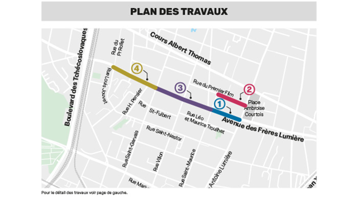 Plan des travaux : Section 1 (Entre place Courtois et rue St-Maurice) - Section 2 (Rue du premier film) - Section 3 (Entre rues St Maurice et St-Gervais) - Section 4 (Entre rues St Gervais et Louis Jouvet)