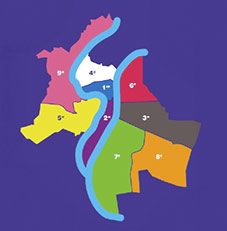 Carte avec les couleurs de chaque arrondissement : Bleu pour le 1er arrondissement, violet pour le 2e, chocolat marron pour le 3e, blanc pour le 4e, jaune pour le 5e, rouge pour le 6e, vert pour le 7e, orange pour le 8e et rose pour le 9e.
